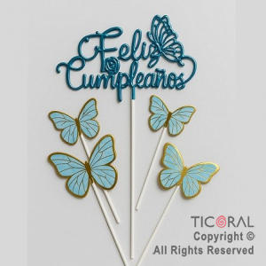 CAKE TOPPER CON 4 MARIPOSAS CELESTE Y FELIZ CUMPLEA�OS CURSIVA CELESTE METALIZADO